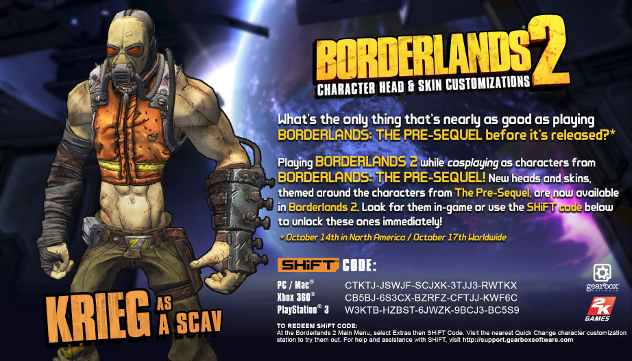 Borderlands 2 Pre Sequel Inspired Heads And Skins Shift Codes Gearbox